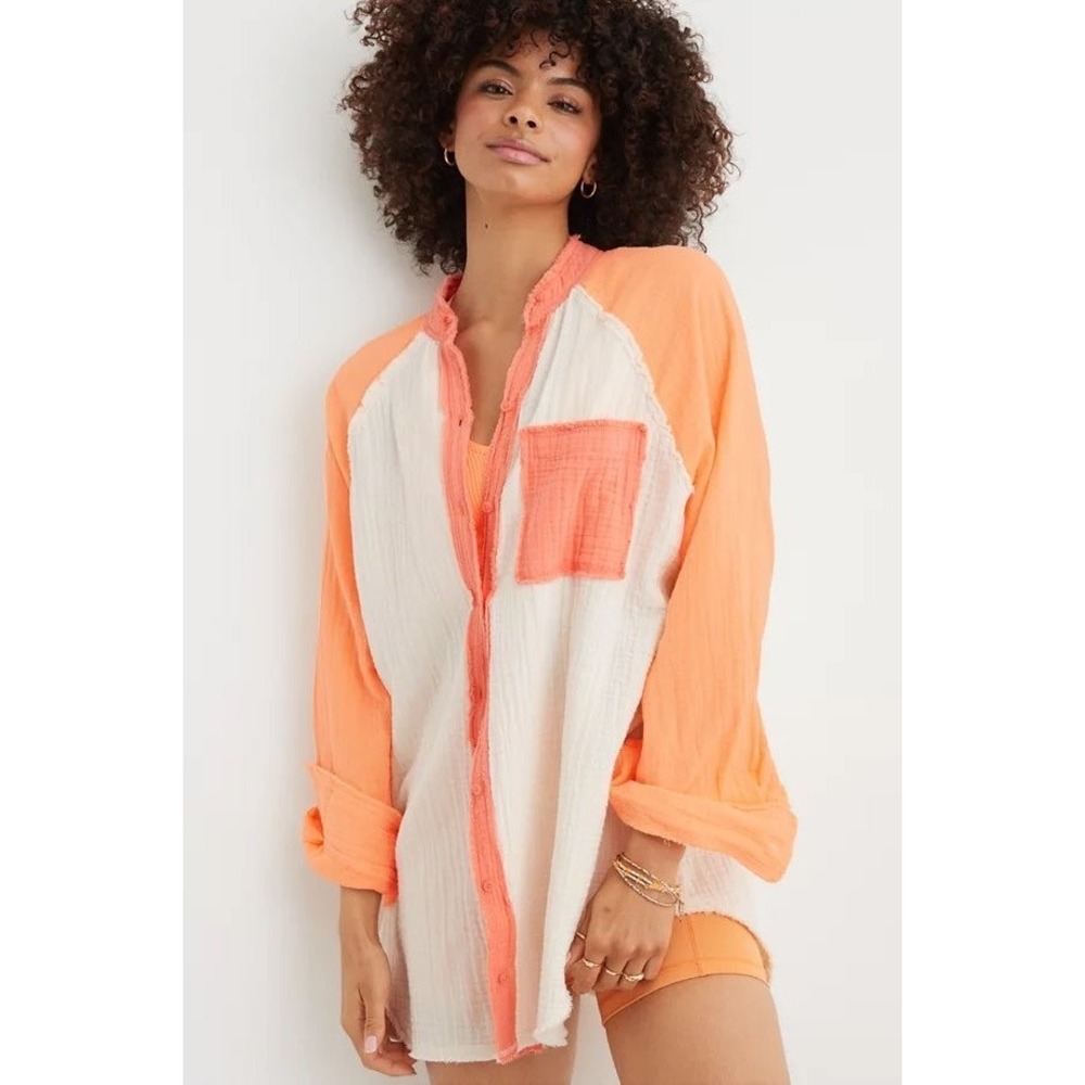 Aerie Gauzy Coverup Shirt Women Small Mango White Colorblock Cotton Oversized
